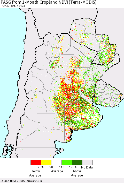 Southern South America PASG from 1-Month Cropland NDVI (Terra-MODIS) Thematic Map For 9/30/2023 - 10/7/2023