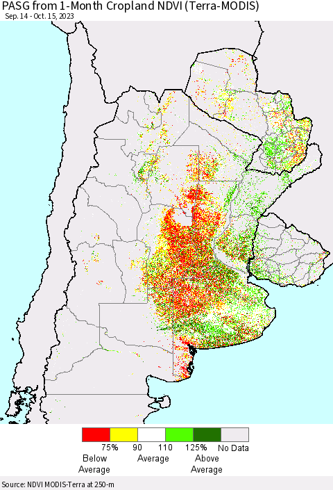 Southern South America PASG from 1-Month Cropland NDVI (Terra-MODIS) Thematic Map For 10/8/2023 - 10/15/2023