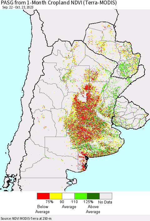 Southern South America PASG from 1-Month Cropland NDVI (Terra-MODIS) Thematic Map For 10/16/2023 - 10/23/2023