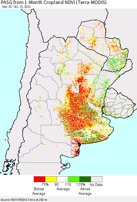 Southern South America PASG from 1-Month Cropland NDVI (Terra-MODIS) Thematic Map For 10/24/2023 - 10/31/2023