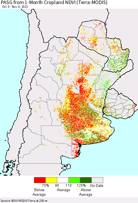 Southern South America PASG from 1-Month Cropland NDVI (Terra-MODIS) Thematic Map For 11/1/2023 - 11/8/2023