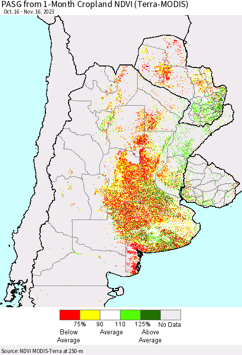 Southern South America PASG from 1-Month Cropland NDVI (Terra-MODIS) Thematic Map For 11/9/2023 - 11/16/2023