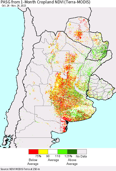 Southern South America PASG from 1-Month Cropland NDVI (Terra-MODIS) Thematic Map For 11/17/2023 - 11/24/2023