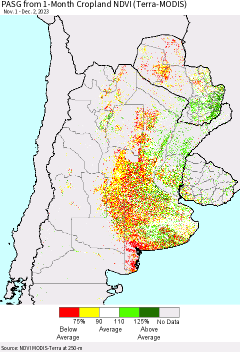 Southern South America PASG from 1-Month Cropland NDVI (Terra-MODIS) Thematic Map For 11/25/2023 - 12/2/2023