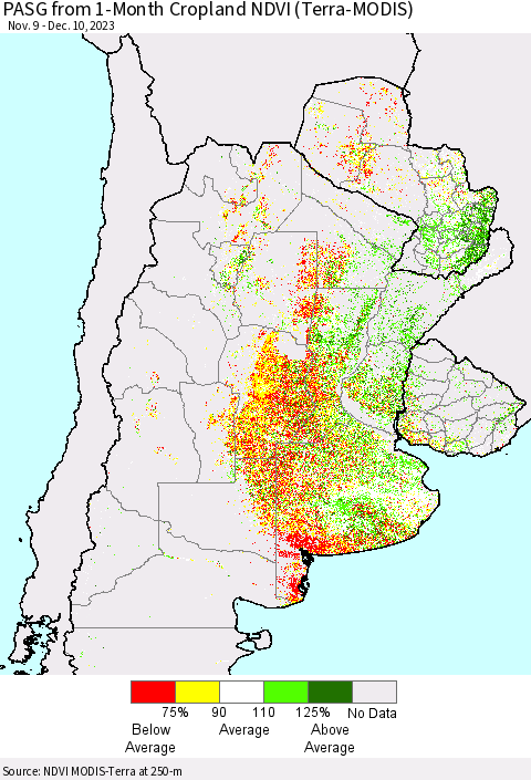Southern South America PASG from 1-Month Cropland NDVI (Terra-MODIS) Thematic Map For 12/3/2023 - 12/10/2023