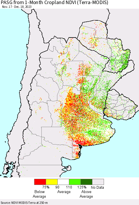Southern South America PASG from 1-Month Cropland NDVI (Terra-MODIS) Thematic Map For 12/11/2023 - 12/18/2023