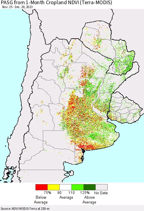 Southern South America PASG from 1-Month Cropland NDVI (Terra-MODIS) Thematic Map For 12/19/2023 - 12/26/2023