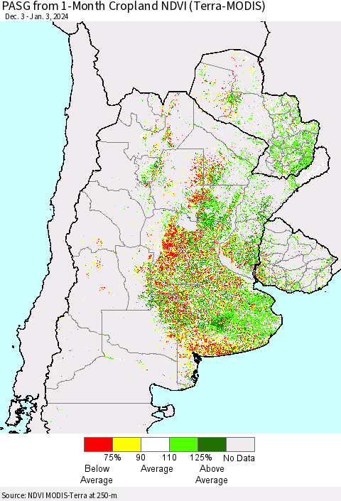 Southern South America PASG from 1-Month Cropland NDVI (Terra-MODIS) Thematic Map For 12/27/2023 - 1/3/2024