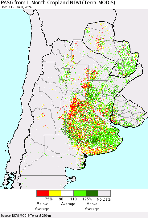 Southern South America PASG from 1-Month Cropland NDVI (Terra-MODIS) Thematic Map For 1/1/2024 - 1/8/2024
