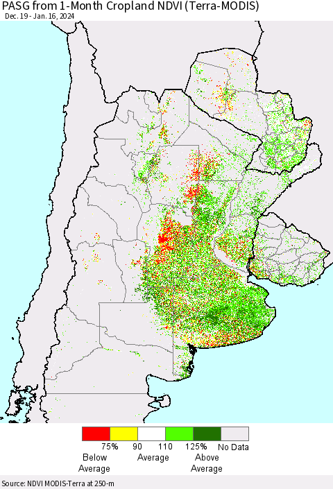 Southern South America PASG from 1-Month Cropland NDVI (Terra-MODIS) Thematic Map For 1/9/2024 - 1/16/2024