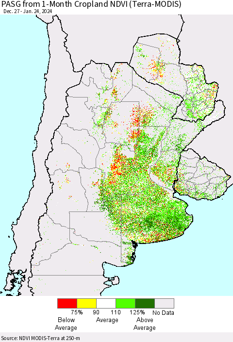 Southern South America PASG from 1-Month Cropland NDVI (Terra-MODIS) Thematic Map For 1/17/2024 - 1/24/2024