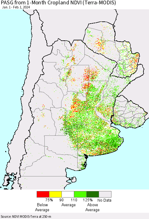 Southern South America PASG from 1-Month Cropland NDVI (Terra-MODIS) Thematic Map For 1/25/2024 - 2/1/2024