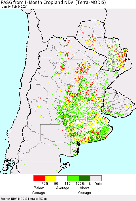 Southern South America PASG from 1-Month Cropland NDVI (Terra-MODIS) Thematic Map For 2/2/2024 - 2/9/2024