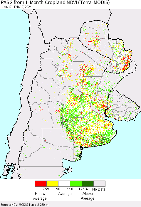 Southern South America PASG from 1-Month Cropland NDVI (Terra-MODIS) Thematic Map For 2/10/2024 - 2/17/2024