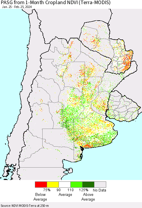 Southern South America PASG from 1-Month Cropland NDVI (Terra-MODIS) Thematic Map For 2/18/2024 - 2/25/2024