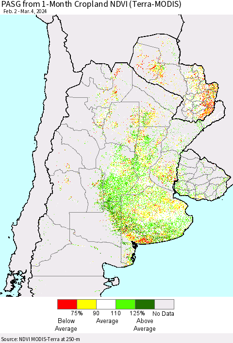 Southern South America PASG from 1-Month Cropland NDVI (Terra-MODIS) Thematic Map For 2/26/2024 - 3/4/2024