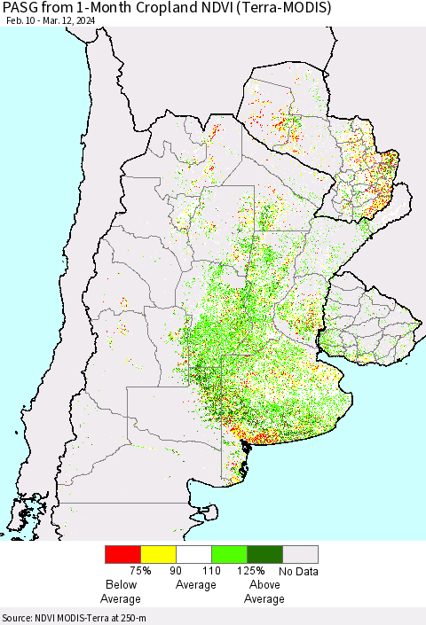 Southern South America PASG from 1-Month Cropland NDVI (Terra-MODIS) Thematic Map For 3/5/2024 - 3/12/2024
