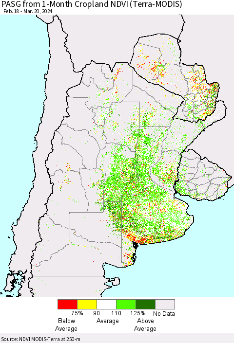 Southern South America PASG from 1-Month Cropland NDVI (Terra-MODIS) Thematic Map For 3/13/2024 - 3/20/2024