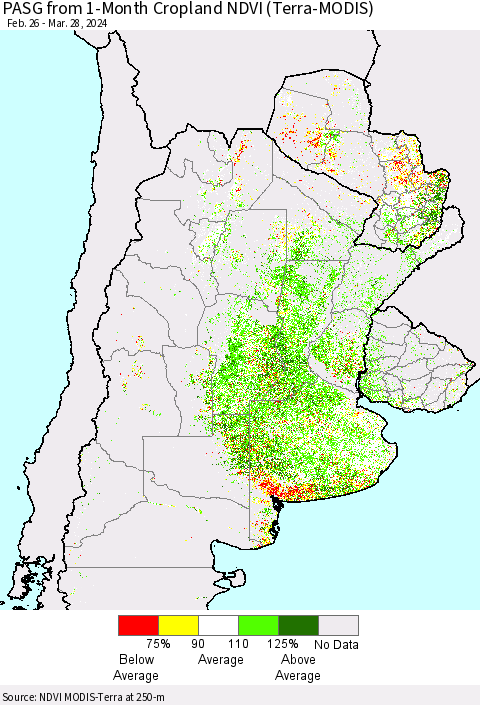Southern South America PASG from 1-Month Cropland NDVI (Terra-MODIS) Thematic Map For 3/21/2024 - 3/28/2024
