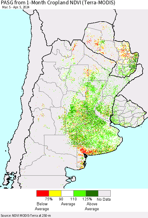 Southern South America PASG from 1-Month Cropland NDVI (Terra-MODIS) Thematic Map For 3/29/2024 - 4/5/2024