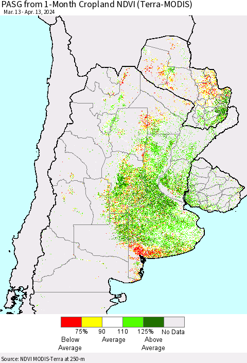 Southern South America PASG from 1-Month Cropland NDVI (Terra-MODIS) Thematic Map For 4/6/2024 - 4/13/2024
