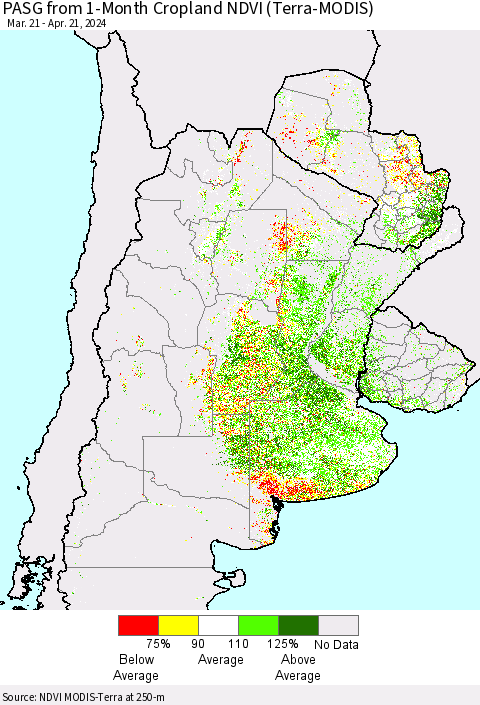 Southern South America PASG from 1-Month Cropland NDVI (Terra-MODIS) Thematic Map For 4/14/2024 - 4/21/2024