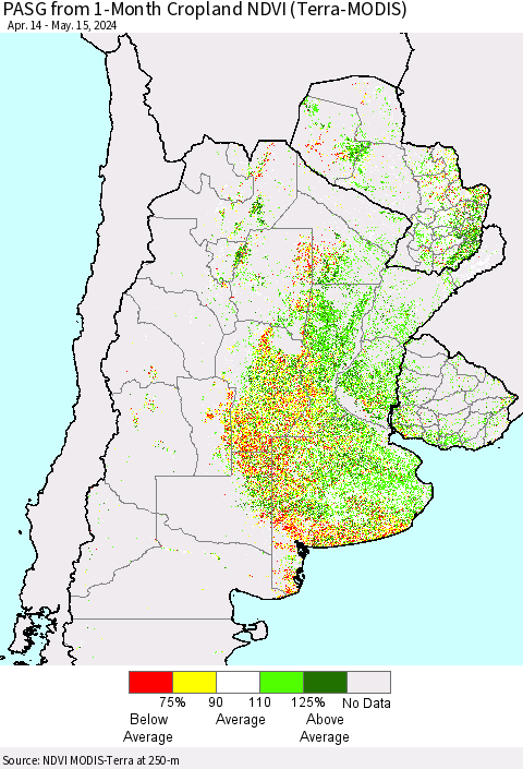 Southern South America PASG from 1-Month Cropland NDVI (Terra-MODIS) Thematic Map For 5/8/2024 - 5/15/2024