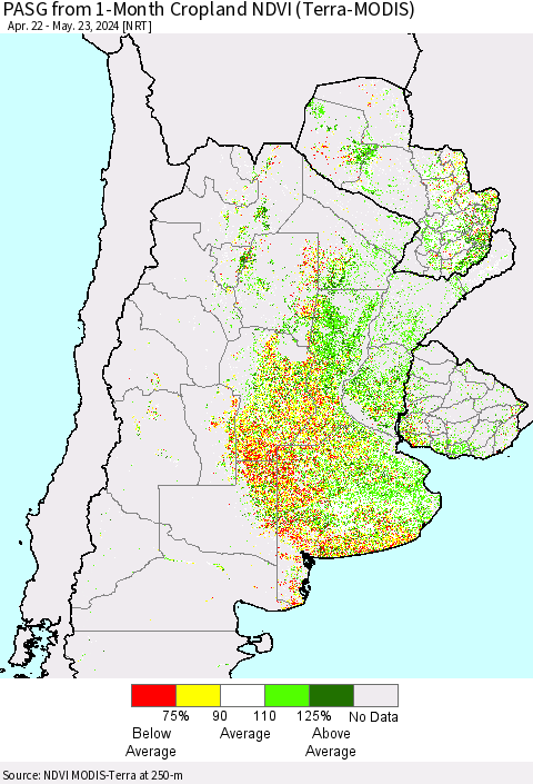Southern South America PASG from 1-Month Cropland NDVI (Terra-MODIS) Thematic Map For 5/16/2024 - 5/23/2024
