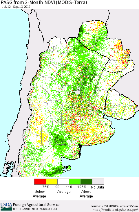 Southern South America PASG from 2-Month NDVI (Terra-MODIS) Thematic Map For 9/11/2019 - 9/20/2019