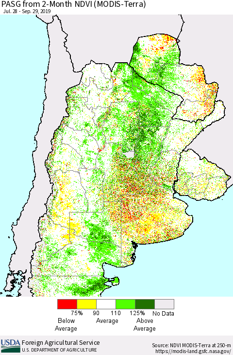 Southern South America PASG from 2-Month NDVI (Terra-MODIS) Thematic Map For 9/21/2019 - 9/30/2019