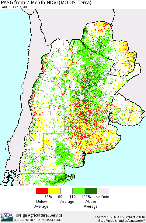 Southern South America PASG from 2-Month NDVI (Terra-MODIS) Thematic Map For 10/1/2019 - 10/10/2019