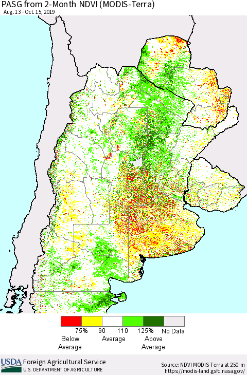Southern South America PASG from 2-Month NDVI (Terra-MODIS) Thematic Map For 10/11/2019 - 10/20/2019