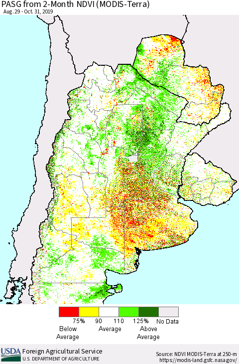 Southern South America PASG from 2-Month NDVI (Terra-MODIS) Thematic Map For 10/21/2019 - 10/31/2019