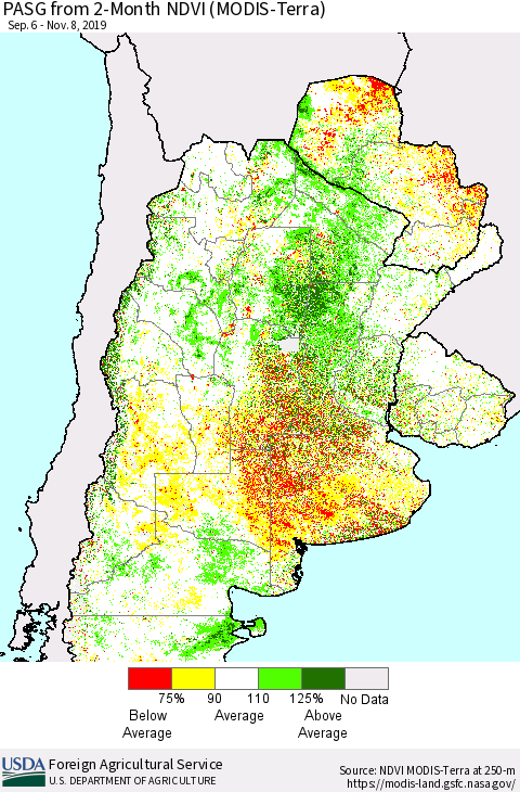 Southern South America PASG from 2-Month NDVI (Terra-MODIS) Thematic Map For 11/1/2019 - 11/10/2019