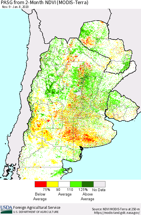 Southern South America PASG from 2-Month NDVI (Terra-MODIS) Thematic Map For 1/1/2020 - 1/10/2020