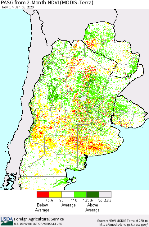 Southern South America PASG from 2-Month NDVI (Terra-MODIS) Thematic Map For 1/11/2020 - 1/20/2020