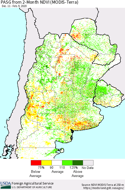 Southern South America PASG from 2-Month NDVI (Terra-MODIS) Thematic Map For 2/1/2020 - 2/10/2020