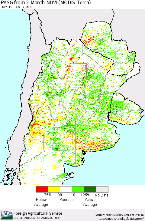 Southern South America PASG from 2-Month NDVI (Terra-MODIS) Thematic Map For 2/11/2020 - 2/20/2020