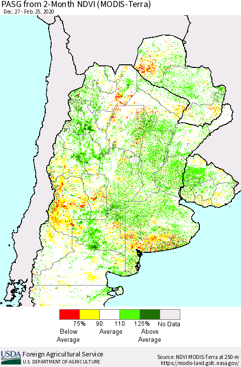 Southern South America PASG from 2-Month NDVI (Terra-MODIS) Thematic Map For 2/21/2020 - 2/29/2020