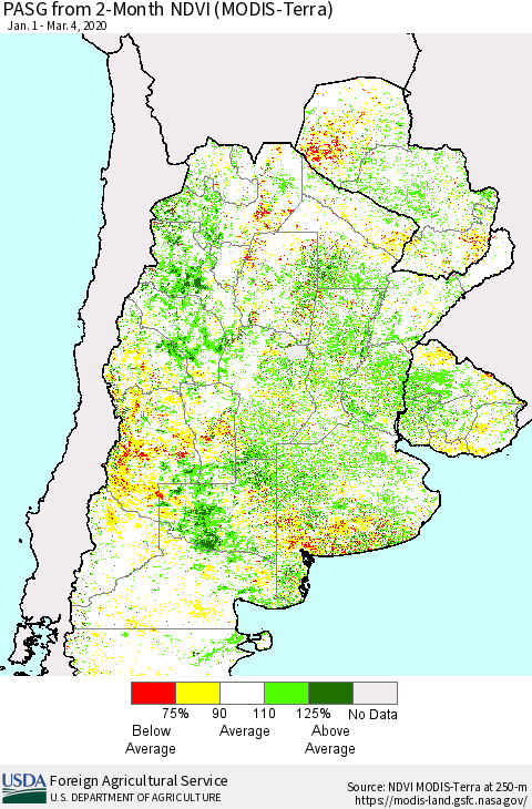 Southern South America PASG from 2-Month NDVI (Terra-MODIS) Thematic Map For 3/1/2020 - 3/10/2020