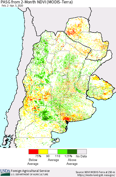Southern South America PASG from 2-Month NDVI (Terra-MODIS) Thematic Map For 4/1/2020 - 4/10/2020