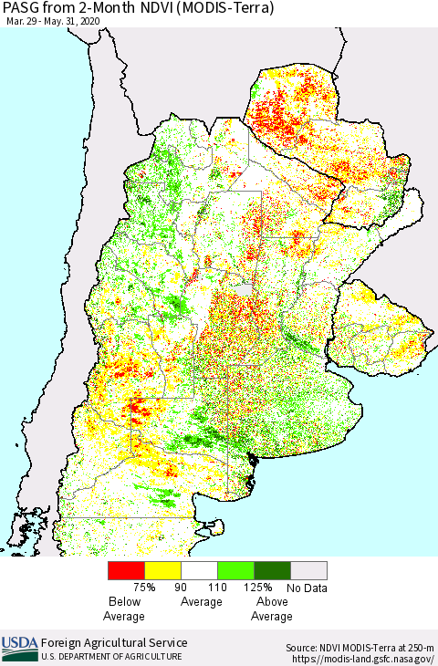Southern South America PASG from 2-Month NDVI (Terra-MODIS) Thematic Map For 5/21/2020 - 5/31/2020