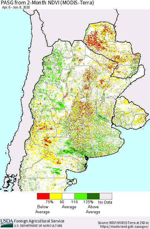 Southern South America PASG from 2-Month NDVI (Terra-MODIS) Thematic Map For 6/1/2020 - 6/10/2020