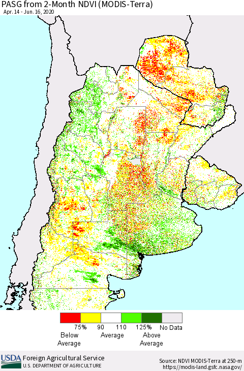 Southern South America PASG from 2-Month NDVI (Terra-MODIS) Thematic Map For 6/11/2020 - 6/20/2020