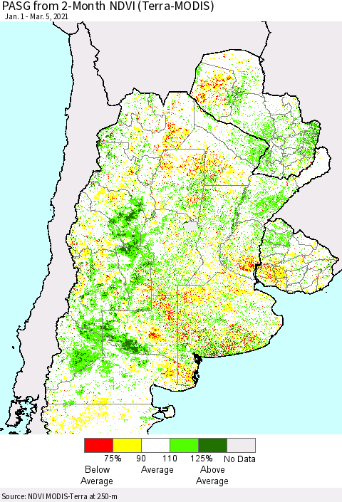Southern South America PASG from 2-Month NDVI (Terra-MODIS) Thematic Map For 2/26/2021 - 3/5/2021