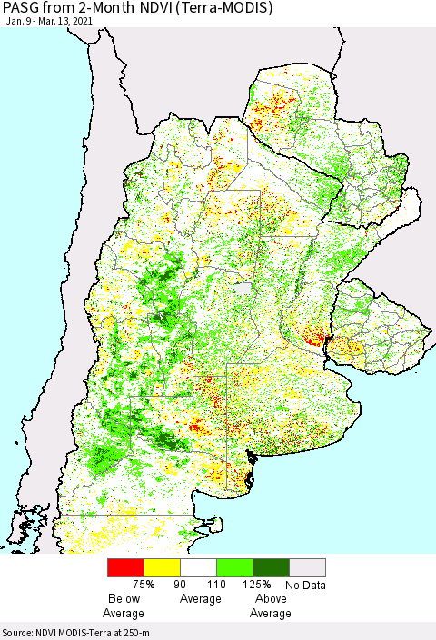 Southern South America PASG from 2-Month NDVI (Terra-MODIS) Thematic Map For 3/6/2021 - 3/13/2021