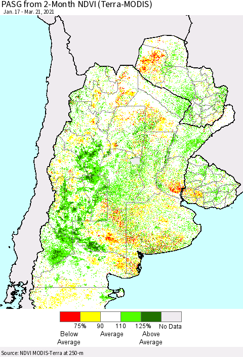 Southern South America PASG from 2-Month NDVI (Terra-MODIS) Thematic Map For 3/14/2021 - 3/21/2021