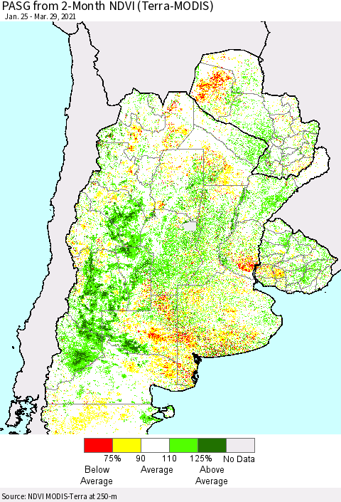 Southern South America PASG from 2-Month NDVI (Terra-MODIS) Thematic Map For 3/22/2021 - 3/29/2021