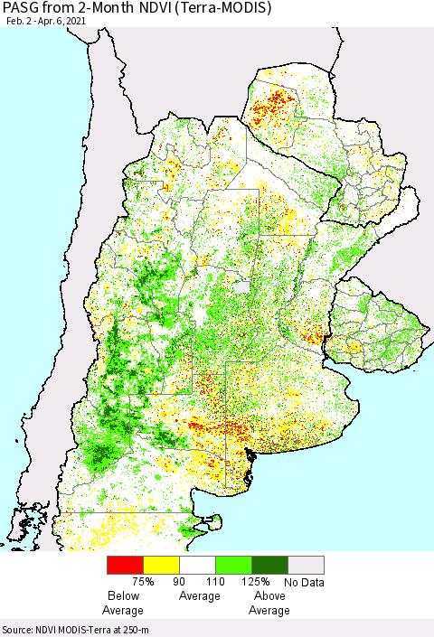 Southern South America PASG from 2-Month NDVI (Terra-MODIS) Thematic Map For 3/30/2021 - 4/6/2021
