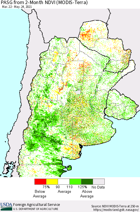 Southern South America PASG from 2-Month NDVI (Terra-MODIS) Thematic Map For 5/21/2021 - 5/31/2021